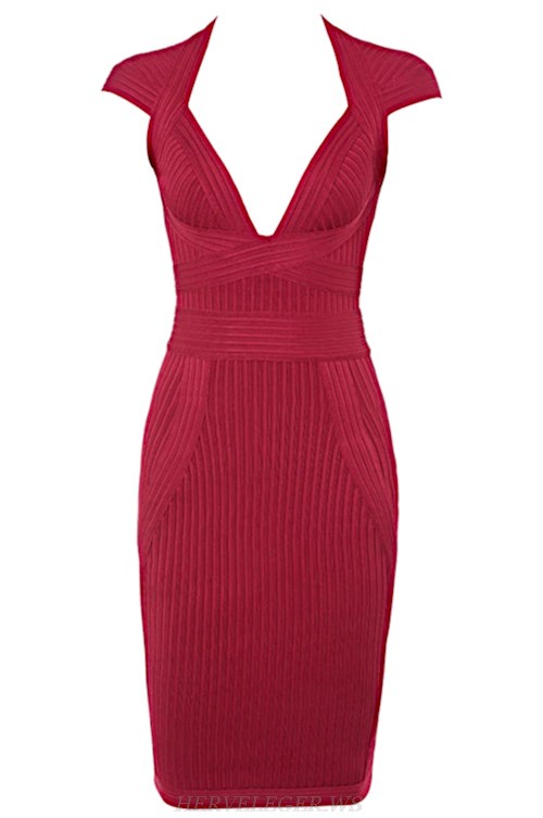 Herve Leger Burgundy Cap Sleeve Ribbed Bandage Dress