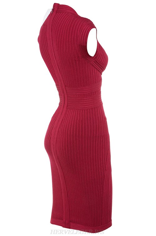 Herve Leger Burgundy Cap Sleeve Ribbed Bandage Dress