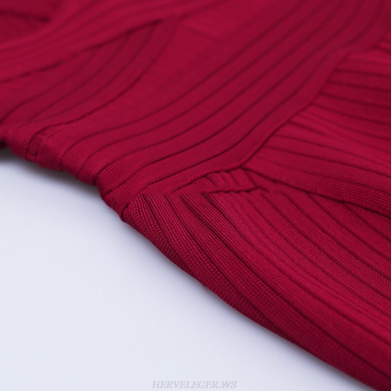 Herve Leger Burgundy Cap Sleeve Ribbed Bandage Dress