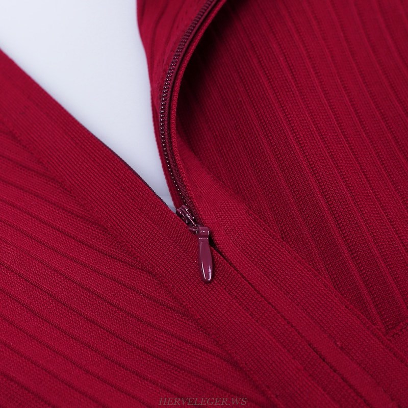 Herve Leger Burgundy Cap Sleeve Ribbed Bandage Dress