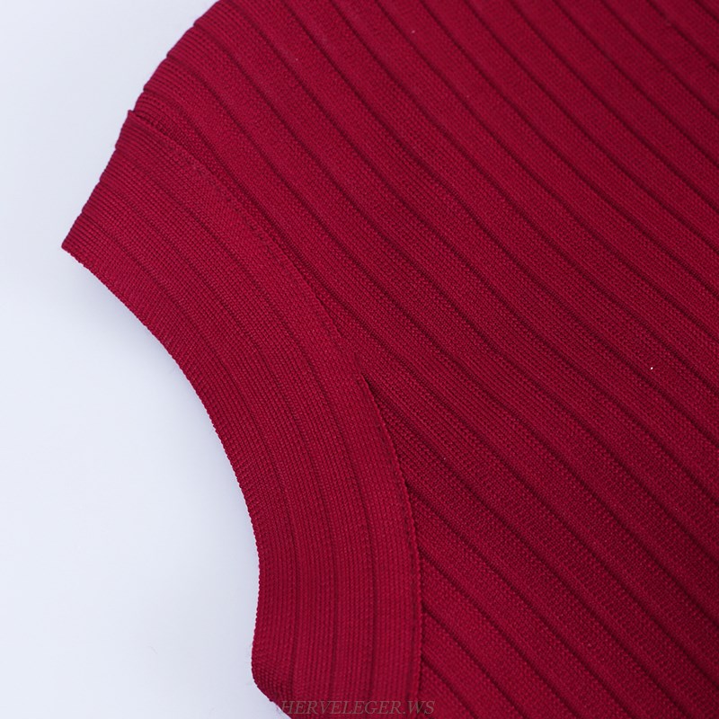 Herve Leger Burgundy Cap Sleeve Ribbed Bandage Dress