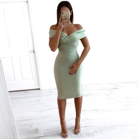 Herve Leger Green Cross Over Draped Bardot Dress