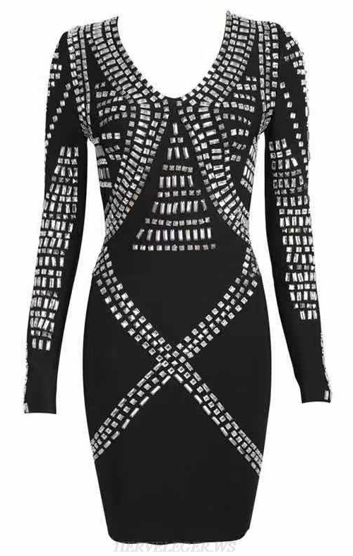 Herve Leger Black Embellished Long Sleeve Dress