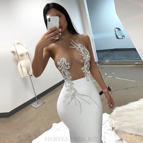 Herve Leger White Embellished Mesh Dress