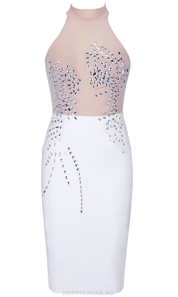 Herve Leger White Embellished Mesh Dress