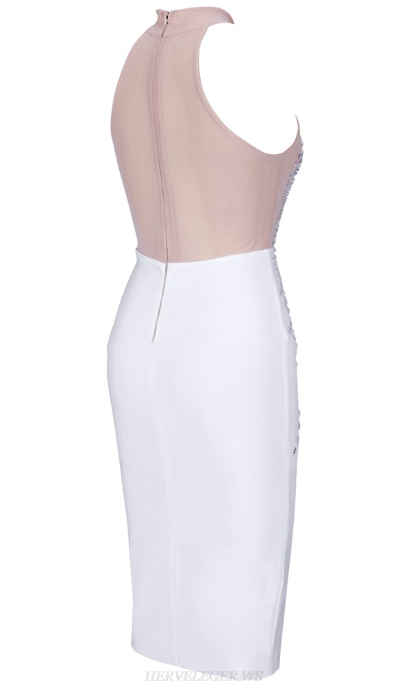 Herve Leger White Embellished Mesh Dress