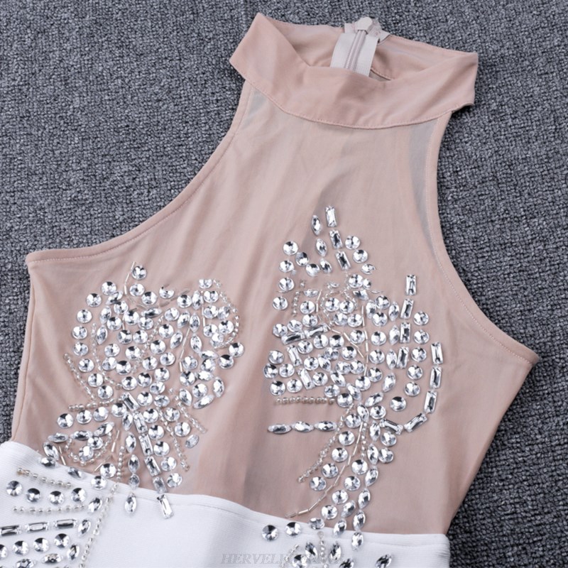 Herve Leger White Embellished Mesh Dress