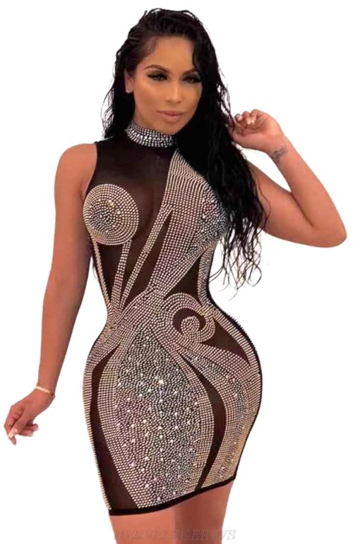 Herve Leger Black Embellished Mesh Mini Dress