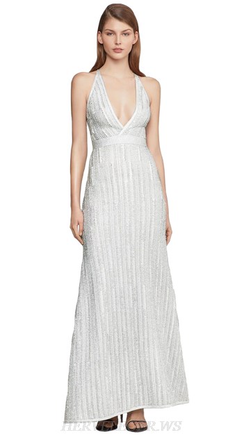 Herve Leger Silver White Halter Mermaid Gown