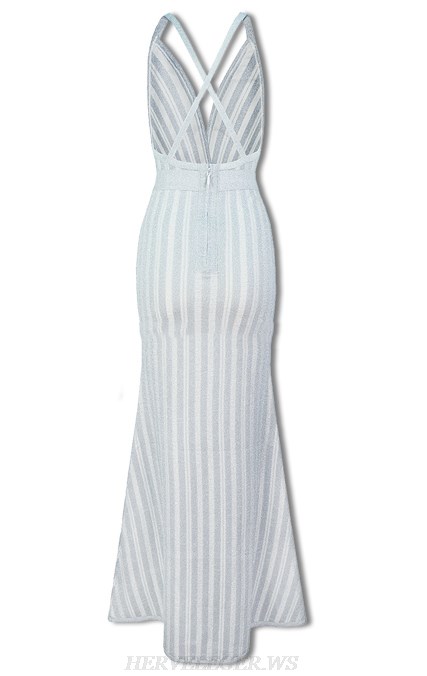 Herve Leger Silver White Halter Mermaid Gown