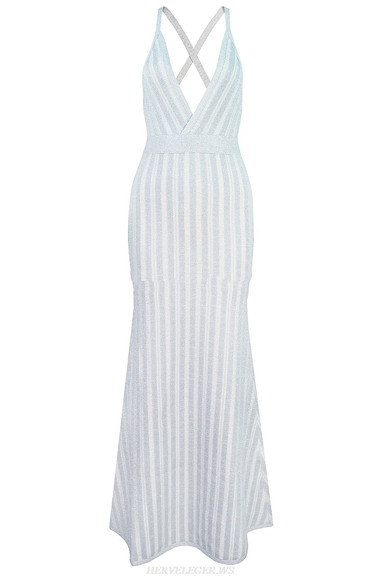Herve Leger Silver White Halter Mermaid Gown