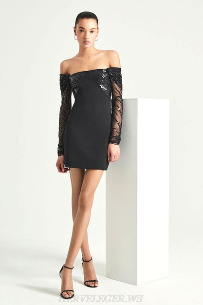 Herve Leger Black Long Sleeve Bardot Sequin Dress