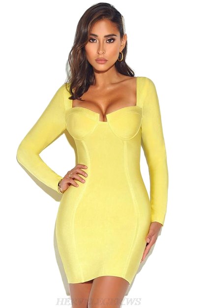 Herve Leger Yellow Long Sleeve Bustier Dress Herve Leger Yellow Long Sleeve Bustier Dress