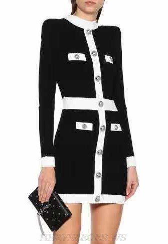 Herve Leger Black White Long Sleeve Button Dress