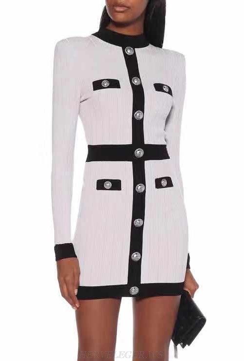 Herve Leger White Black Long Sleeve Button Dress