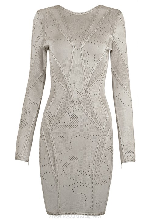 Herve Leger Nude Long Sleeve Cage Stitch Dress