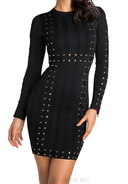 Herve Leger Black Long Sleeve Lace Up Dress