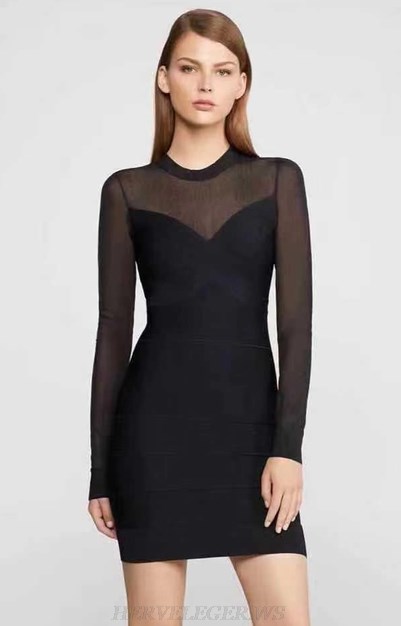 Herve Leger Black Long Sleeve Mesh Dress
