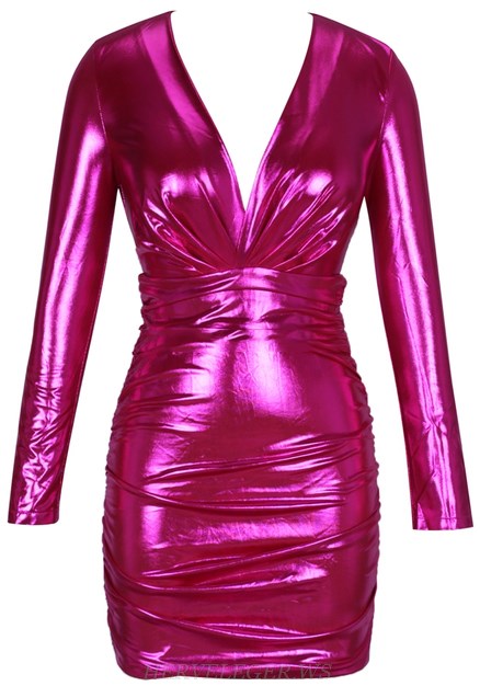 Herve Leger Strapless Fuchsia Long Sleeve Ruched Foil Dress