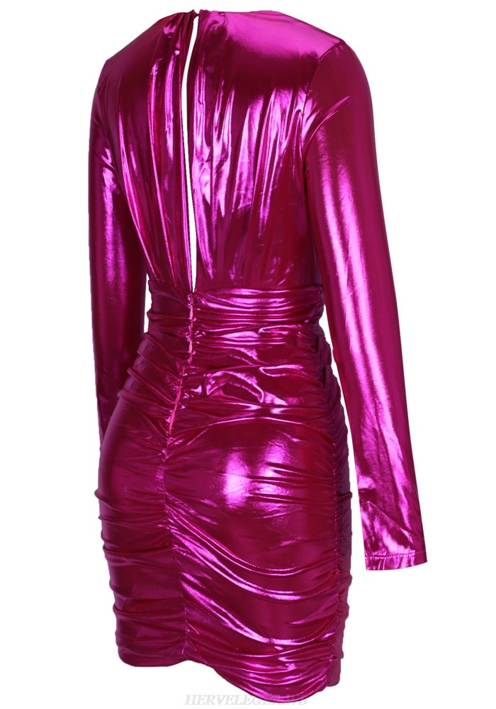 Herve Leger Strapless Fuchsia Long Sleeve Ruched Foil Dress