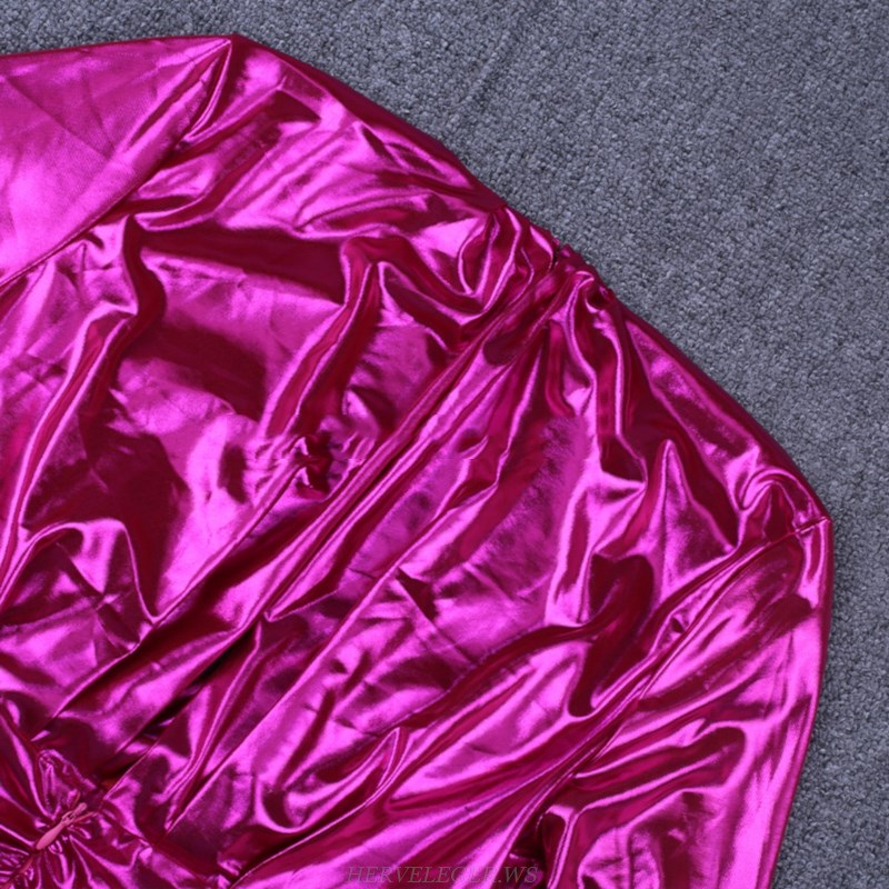 Herve Leger Strapless Fuchsia Long Sleeve Ruched Foil Dress