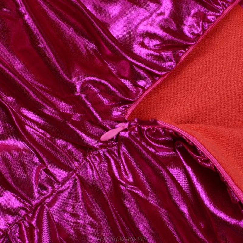 Herve Leger Strapless Fuchsia Long Sleeve Ruched Foil Dress