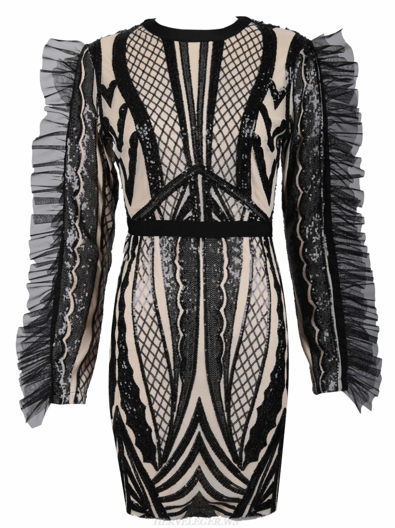 Herve Leger Black Nude Long Sleeve Sequin Mesh Stars Dress