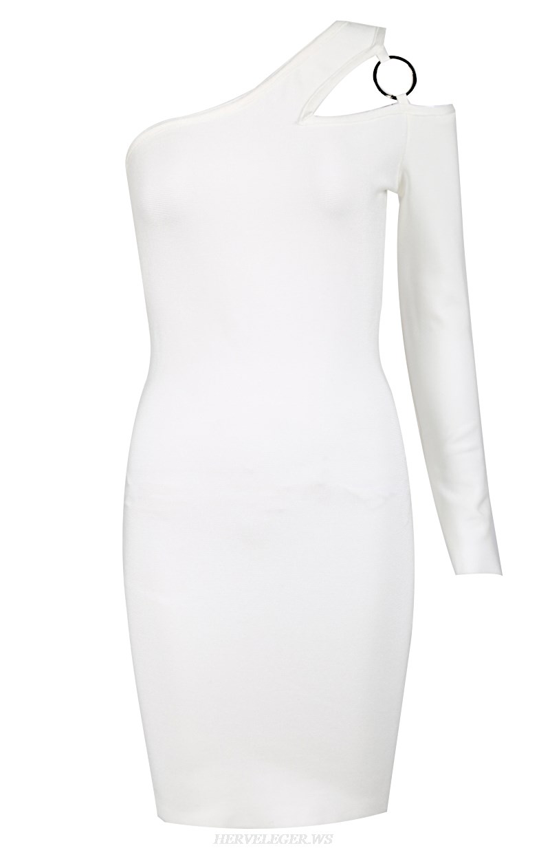 Herve Leger White One Sleeve Bandage Dress