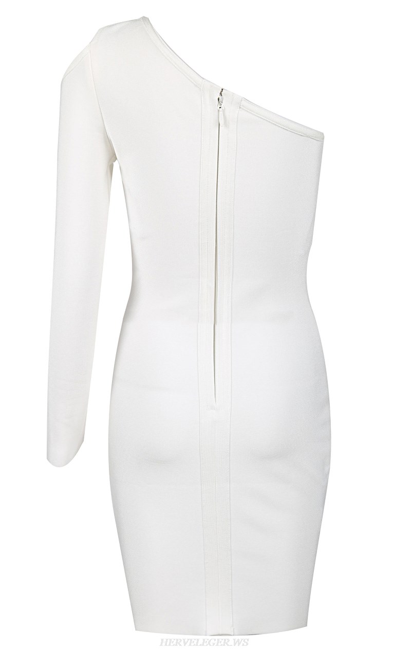 Herve Leger White One Sleeve Bandage Dress