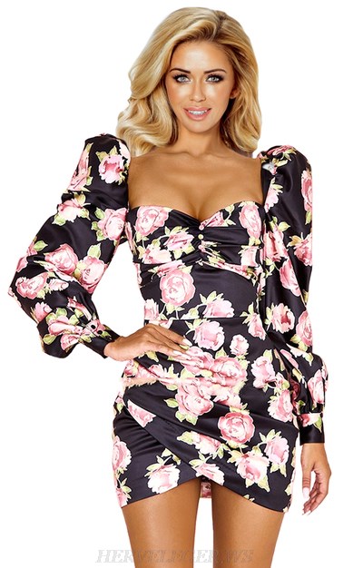 Herve Leger Puff Sleeve Floral Ruched Dress