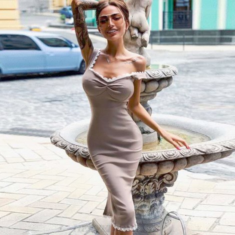 Herve Leger Blush Nude White Scalloped Dress Herve Leger Blush Nude White Scalloped Dress