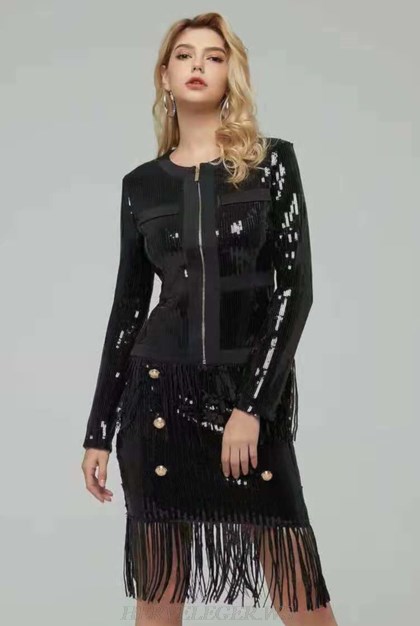 Herve Leger Black Sequin Tassel Two Piece Dress