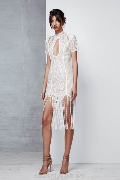 Herve Leger White Short Sleeve Lace Tassel Dress