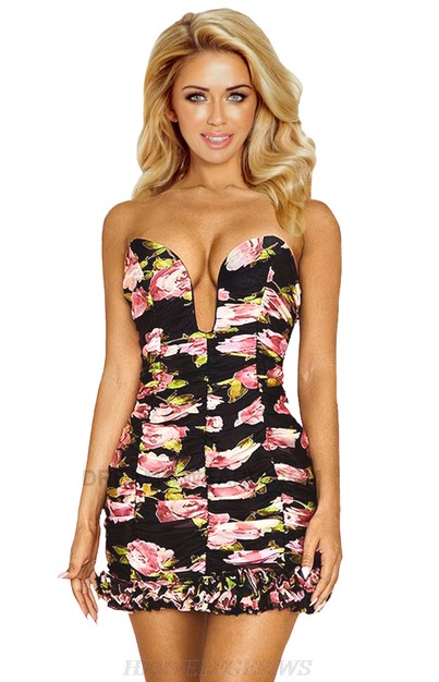 Herve Leger Strapless Floral Ruched Dress
