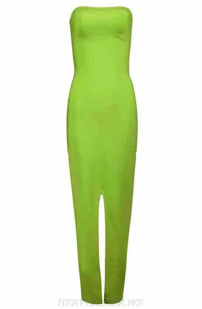 Herve Leger Neon Green Strapless Slit Gown 