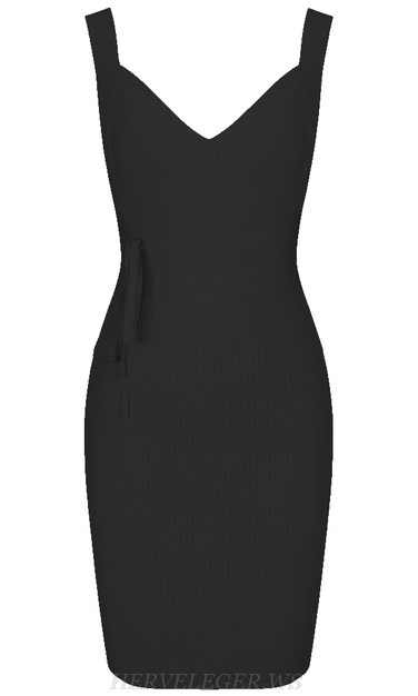 Herve Leger Black V Neck Tie Ribbed Dress