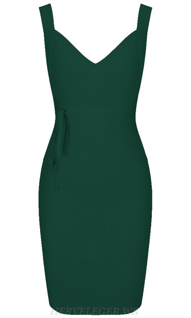 Herve Leger Dark Green V Neck Tie Ribbed Dress