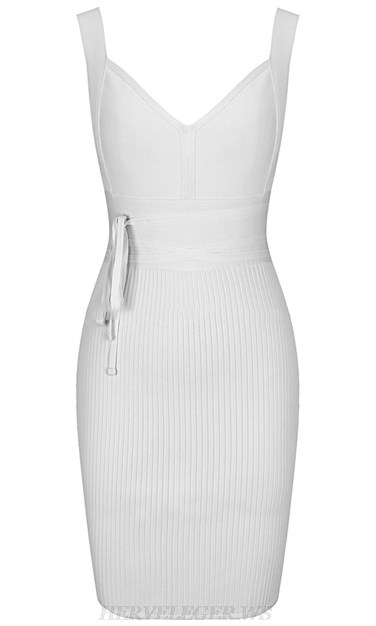 Herve Leger White V Neck Tie Ribbed Dress