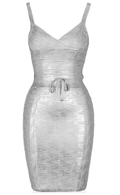 Herve Leger Silver Tie Woodgrain Foil Print Dress