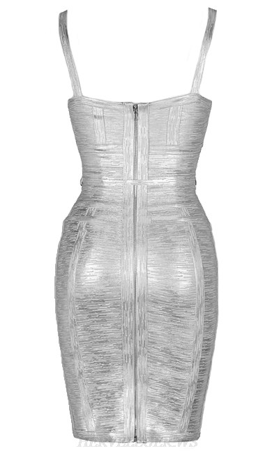 Herve Leger Silver Tie Woodgrain Foil Print Dress