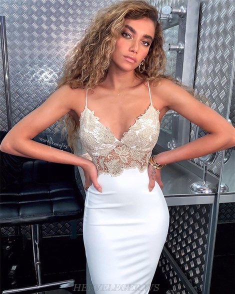 Herve Leger White Nude V  Neck Lace Insert Dress