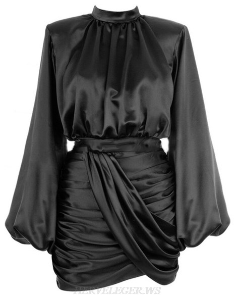 Herve Leger Black Long Sleeve Ruched Satined Dress