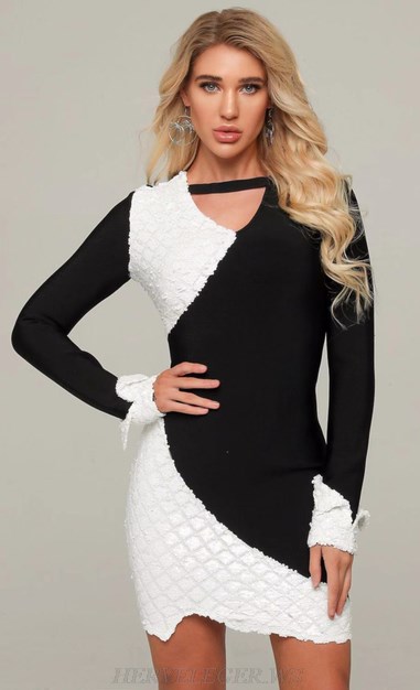 Herve Leger Black And White Long Sleeve Sequin Dress