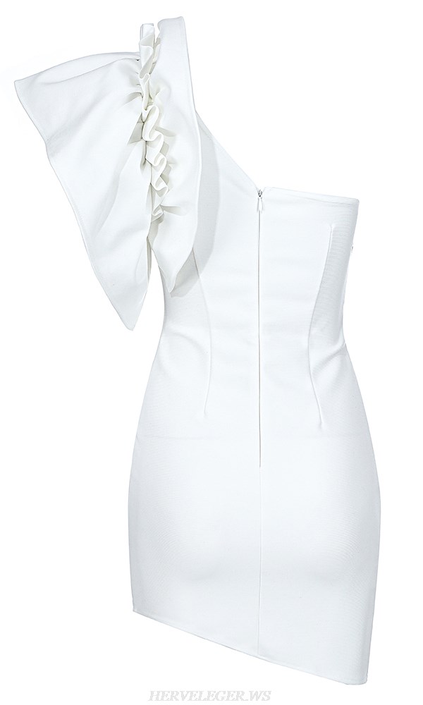 Herve Leger White One Shoulder Frill Dress