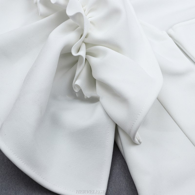 Herve Leger White One Shoulder Frill Dress