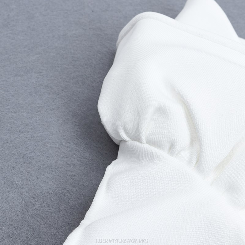Herve Leger White One Shoulder Frill Dress