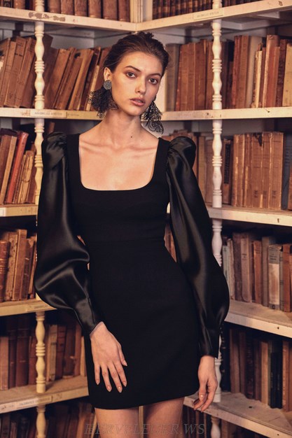 Herve Leger Black Satin Long Sleeve Dress