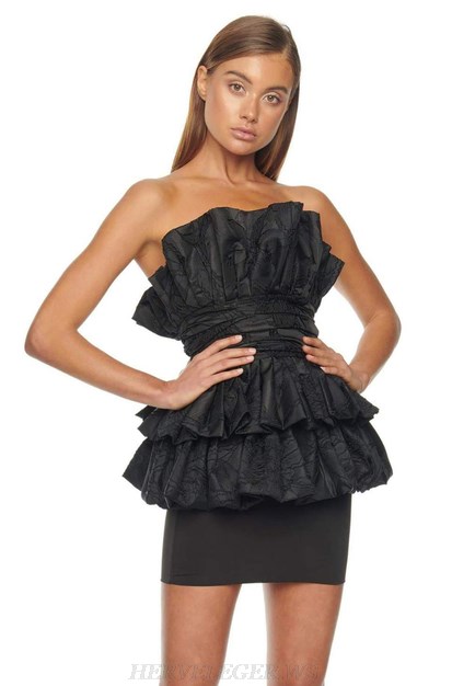 Herve Leger Black Strapless Frill Two Piece Dress