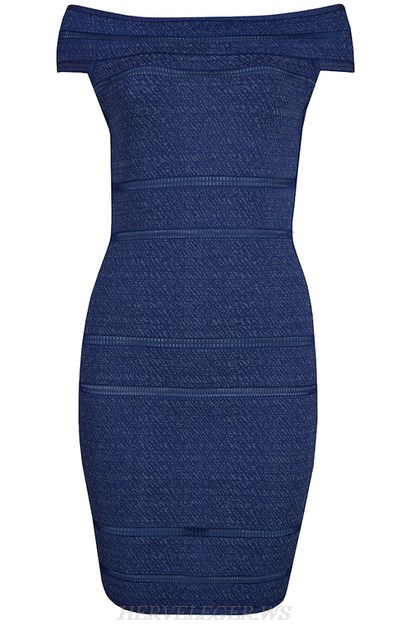 Herve Leger Blue Bardot Bandage Dress