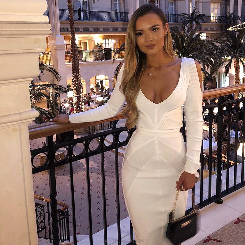 Herve Leger White Long Sleeve Cold Shoulder Ribbed Midi Bandage Dress